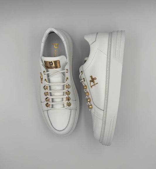 “TRIGRECA” LOW-TOP PALZINI SNEAKERS IN WHITE LEATHER WITH GOLD DETAILING