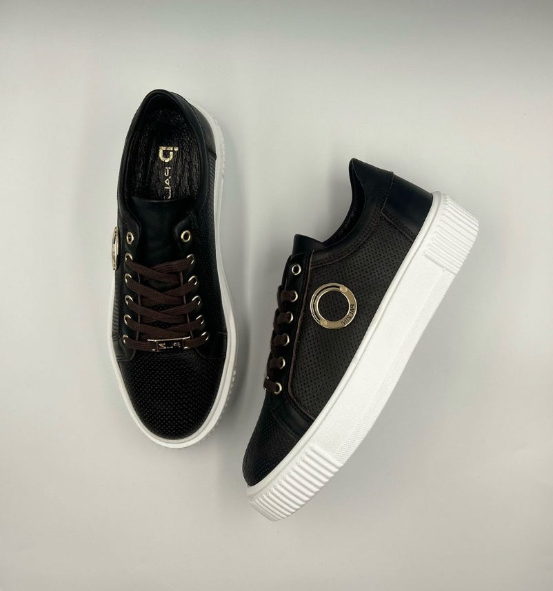 "P-7" Low-Top Brown Leather Sneakers With Gold Ring And Perforated Side