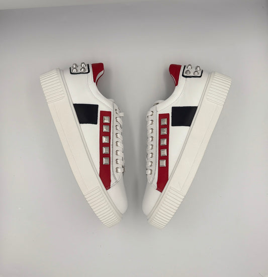 “VELOCE” LOW-TOP SNEAKERS IN WHITE LEATHER WITH RED DETAILING