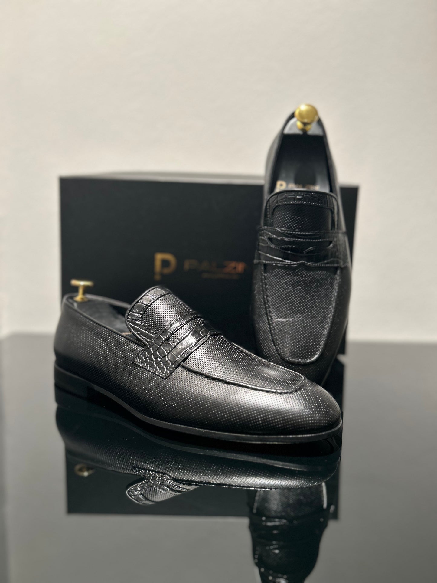 HANDMADE BLACK LEATHER SLIP-ON WITH CROC-PRINT DETAILING