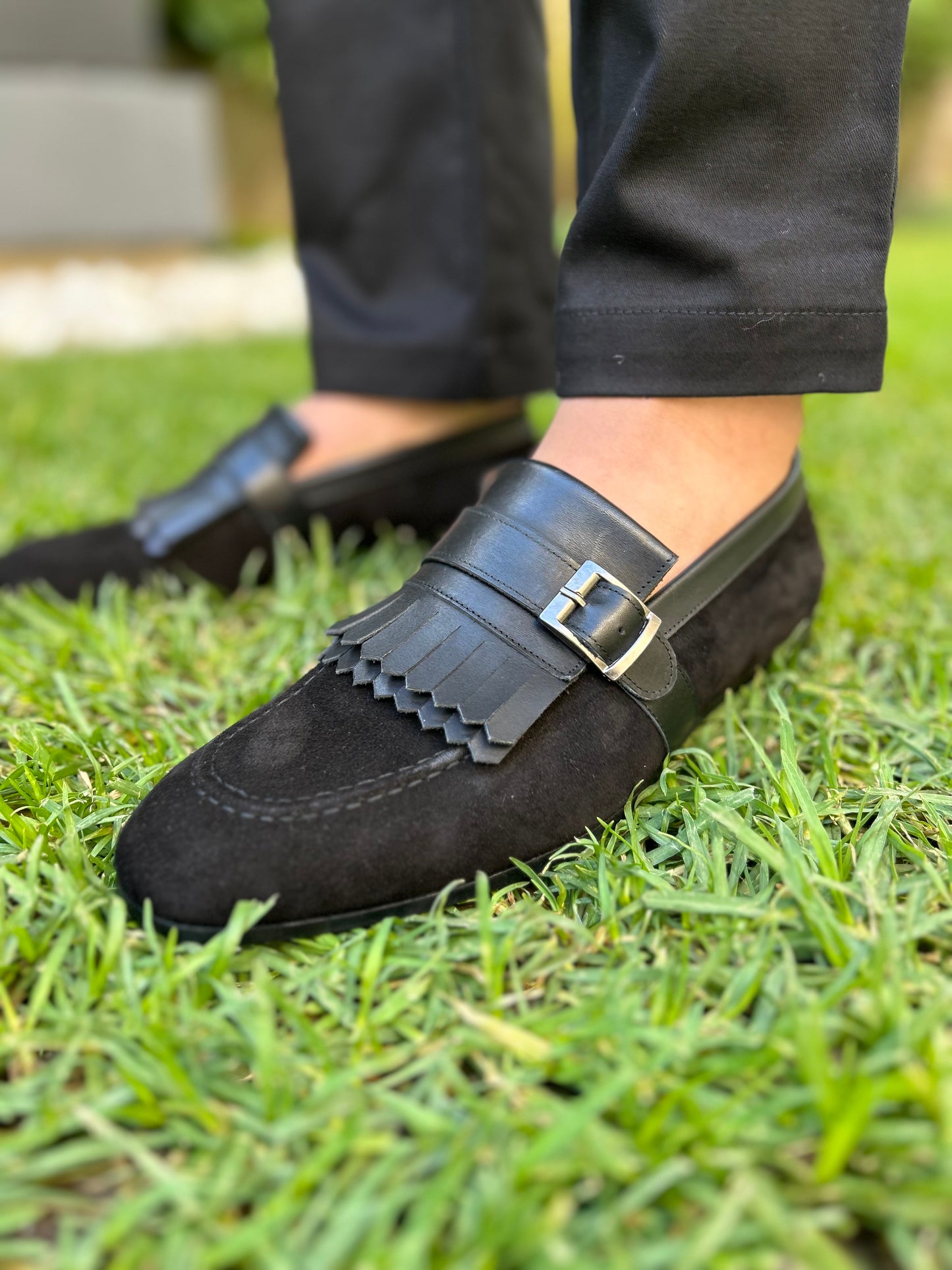HANDMADE BLACK SUEDE SLIP-ON WITH STRAP & LEATHER DETAILING